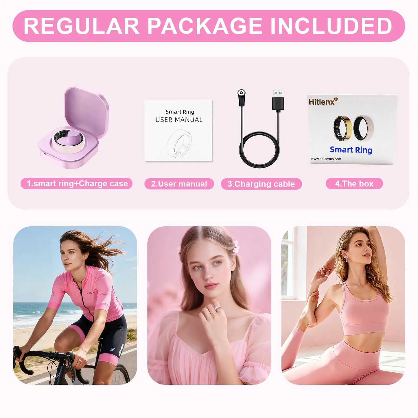 Pink Ceramic Smart Ring for Women, Fitness & Sleep Tracker, Heart Rate & Stress Monitor, Cycle Tracking, IP68 Waterproof, 3–5 Day Battery, Ios & Android, Charging Case#Summervibes