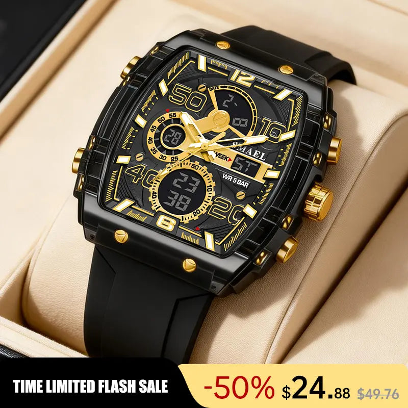 【Summervibes】Men'S Luxury Sport Watch ,Waterproof Dual-Display Wristwatch | Stylish Gift for Him Adjustable Tool Included