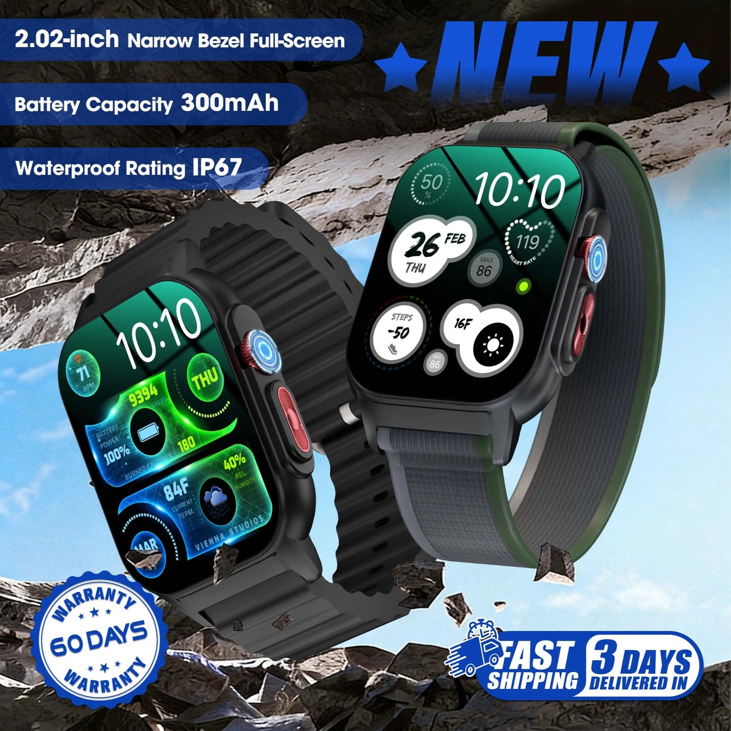 2026 NEW Upgraded Fitness Smartwatch 2.02" Full HD Display IP68 Waterproof Bluetooth Calling 24/7 Heart Rate Sleep Monitoring Perfect for Sports Business Wear - Durable, Wearable