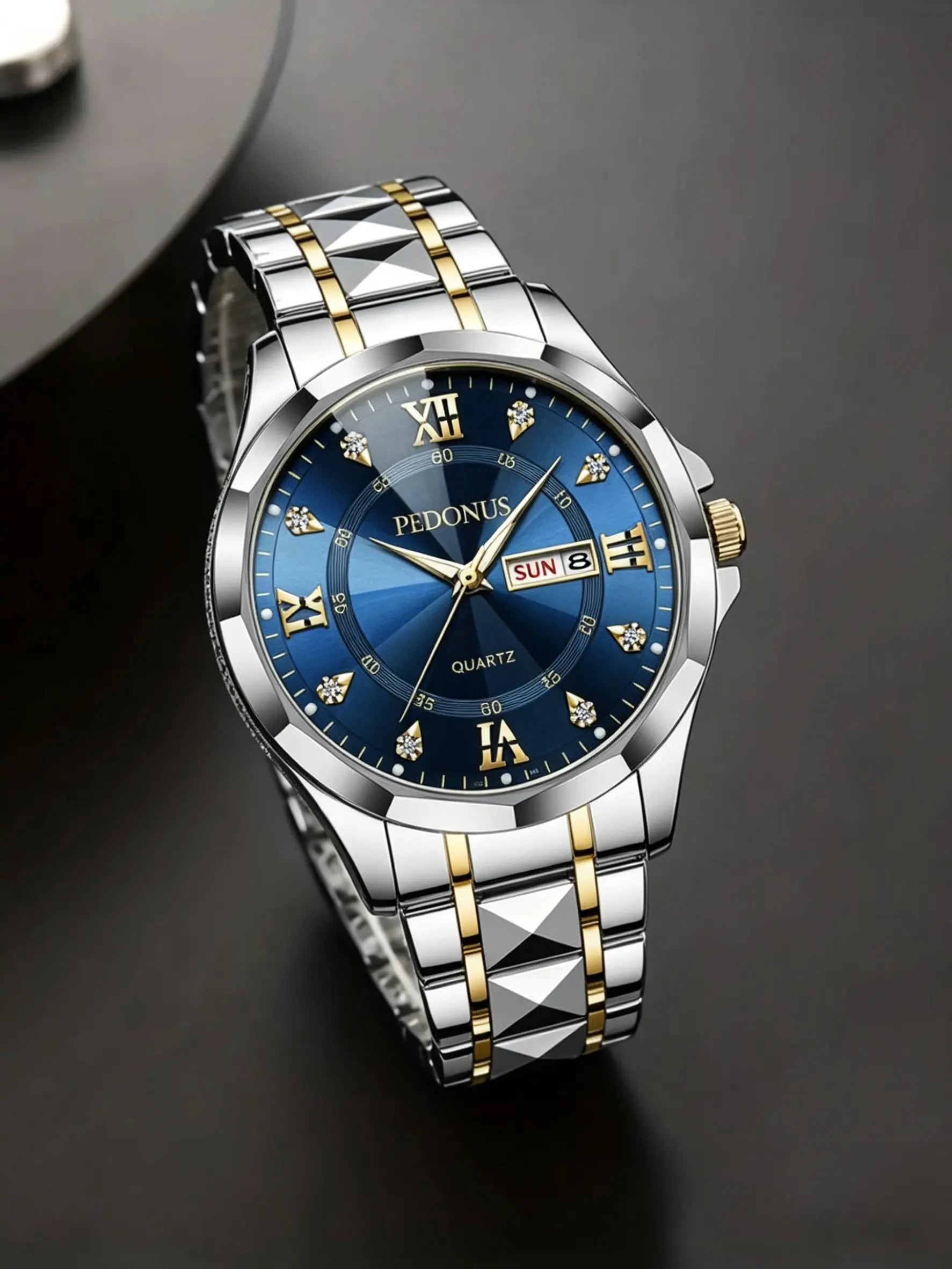 Men'S Luminous Business Simple Quartz Watch - Stainless Steel Band, Gold Accents, Blue Dial with Date & Day Indicator