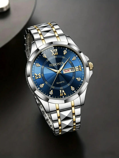 Men'S Luminous Business Simple Quartz Watch - Stainless Steel Band, Gold Accents, Blue Dial with Date & Day Indicator