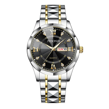 Men'S Luminous Business Simple Quartz Watch - Stainless Steel Band, Gold Accents, Blue Dial with Date & Day Indicator