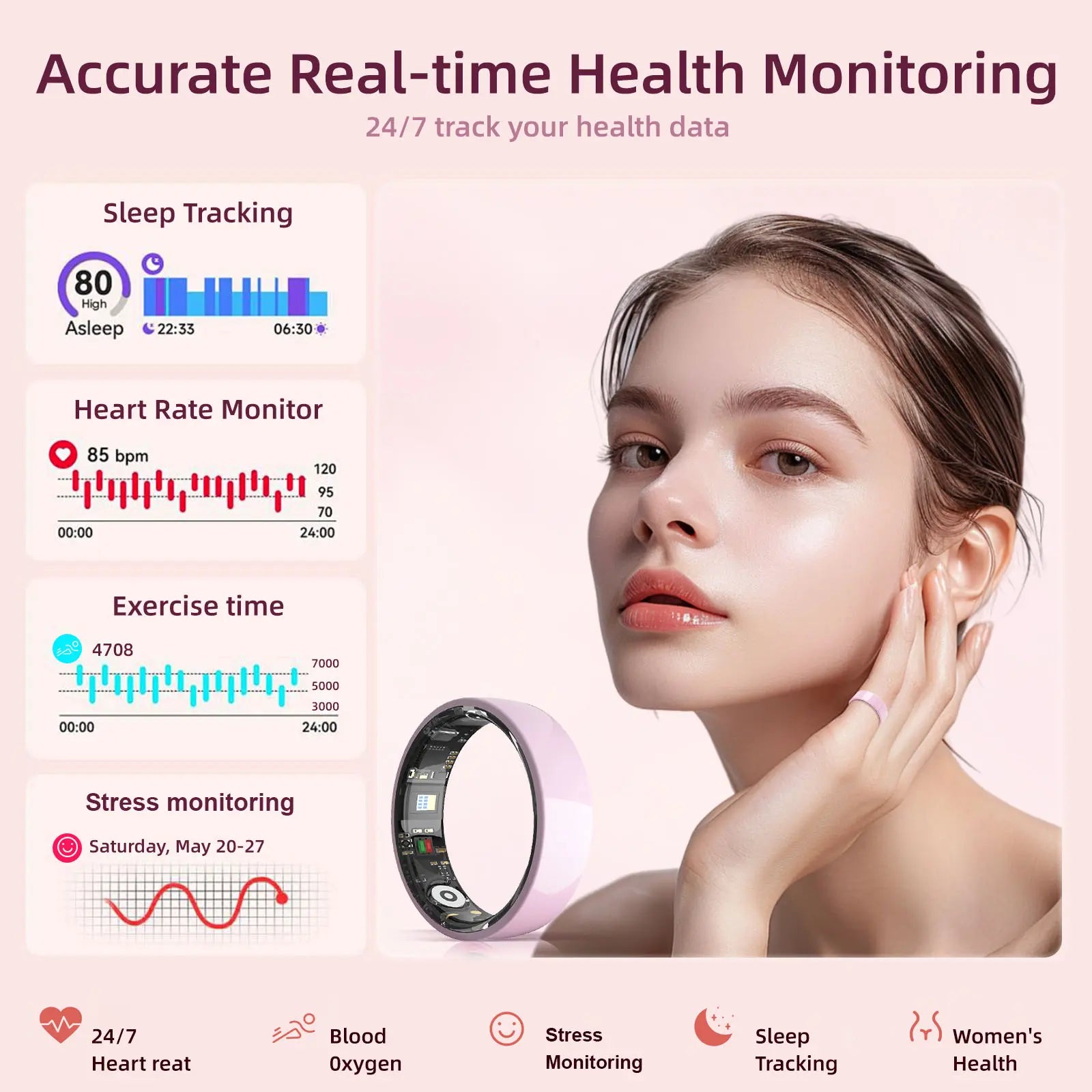 Pink Ceramic Smart Ring for Women, Fitness & Sleep Tracker, Heart Rate & Stress Monitor, Cycle Tracking, IP68 Waterproof, 3–5 Day Battery, Ios & Android, Charging Case#Summervibes