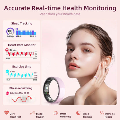 Pink Ceramic Smart Ring for Women, Fitness & Sleep Tracker, Heart Rate & Stress Monitor, Cycle Tracking, IP68 Waterproof, 3–5 Day Battery, Ios & Android, Charging Case#Summervibes