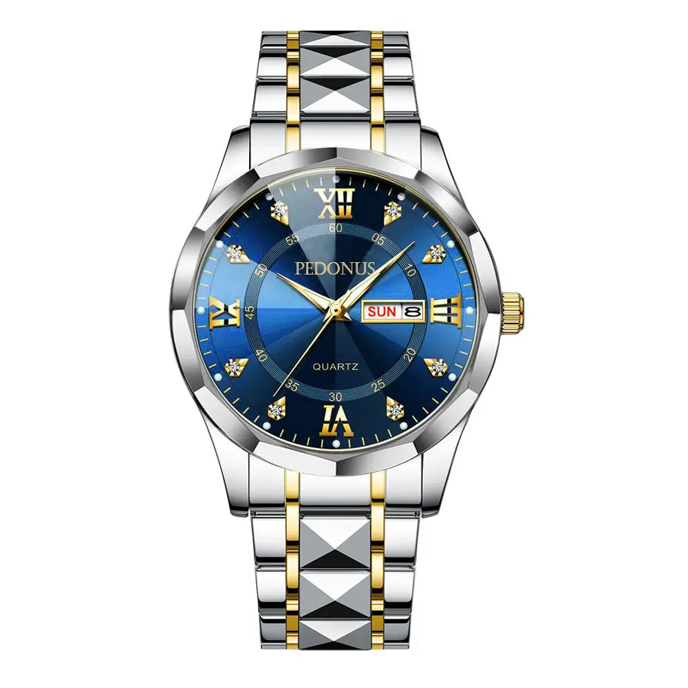 Men'S Luminous Business Simple Quartz Watch - Stainless Steel Band, Gold Accents, Blue Dial with Date & Day Indicator