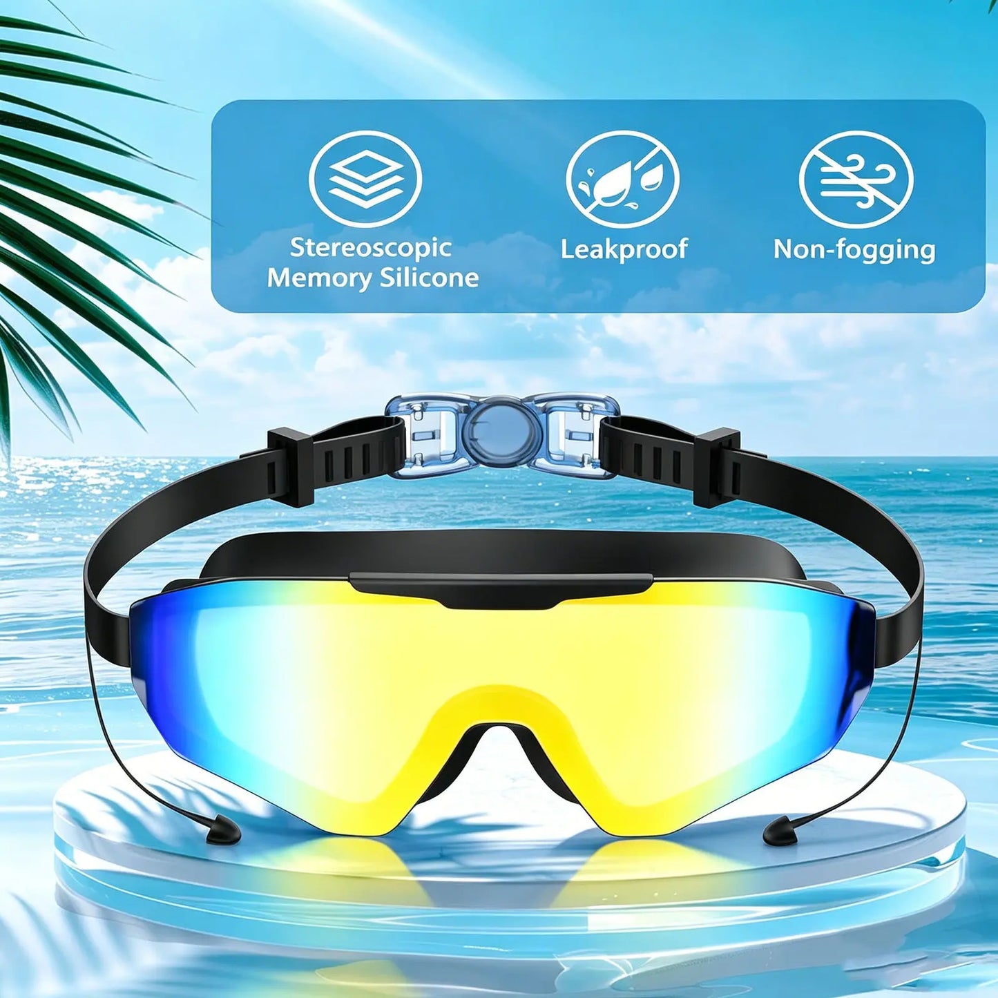 2 Pack Adult Swim Goggles with Earplugs, Anti-Fog 180° Wide View UV Protection Pool Swimming Goggles for Adult Youth Men Women, 3-Color UV Lens Water Goggles