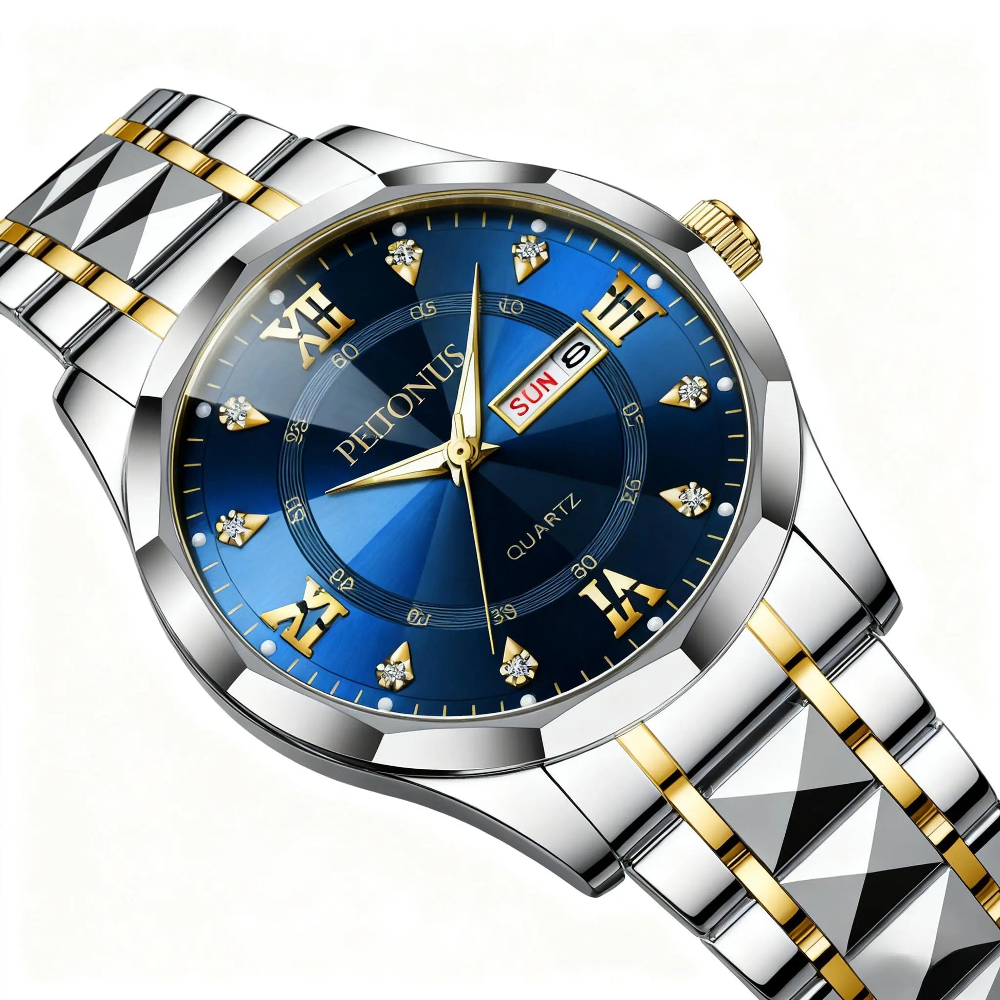 Men'S Luminous Business Simple Quartz Watch - Stainless Steel Band, Gold Accents, Blue Dial with Date & Day Indicator