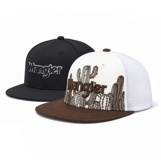 Auction Product-Wrangler Trucker Hat Flat Brim Hats 2-Pack – Embroidered Canvas Snapback Caps for Men & Women, Adjustable, One Size Fits All