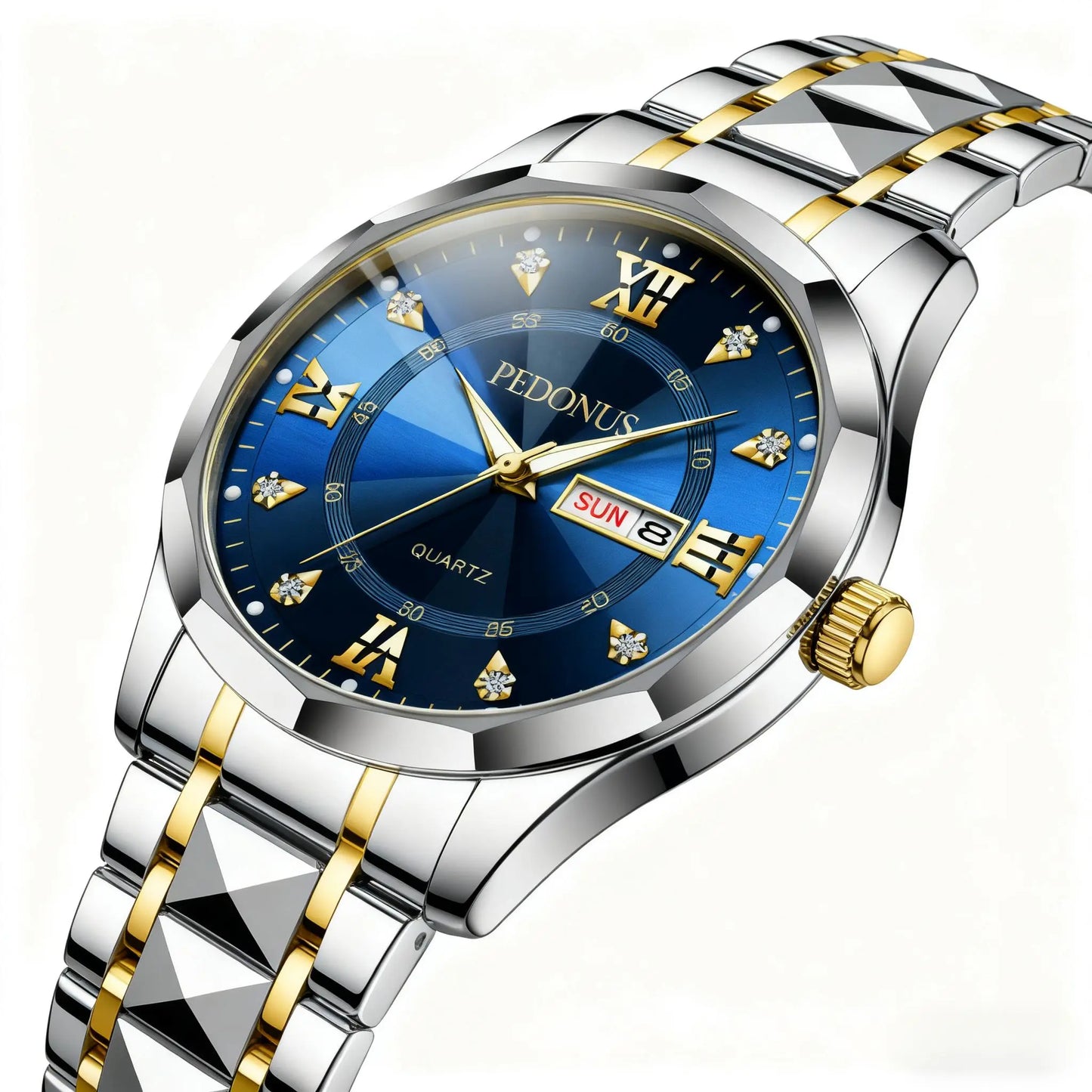 Men'S Luminous Business Simple Quartz Watch - Stainless Steel Band, Gold Accents, Blue Dial with Date & Day Indicator