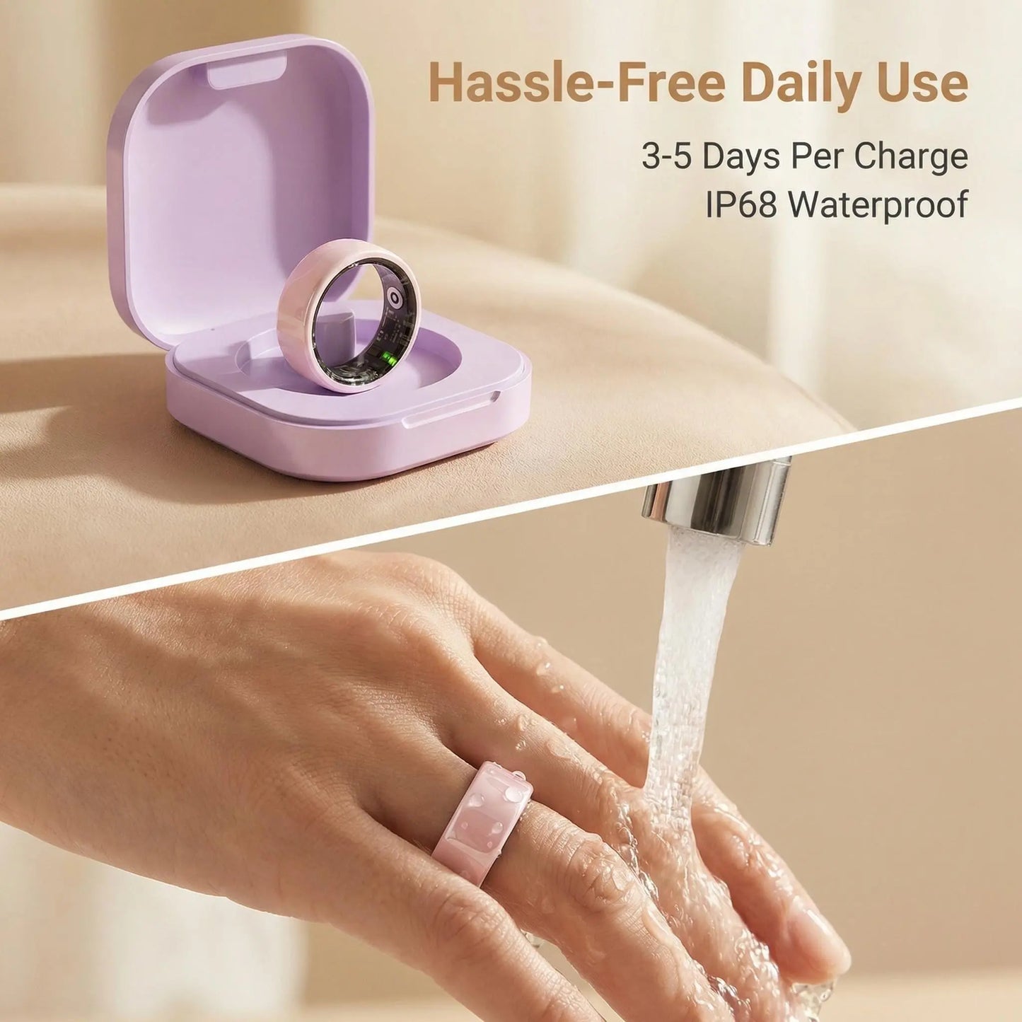 Pink Ceramic Smart Ring for Women, Fitness & Sleep Tracker, Heart Rate & Stress Monitor, Cycle Tracking, IP68 Waterproof, 3–5 Day Battery, Ios & Android, Charging Case#Summervibes