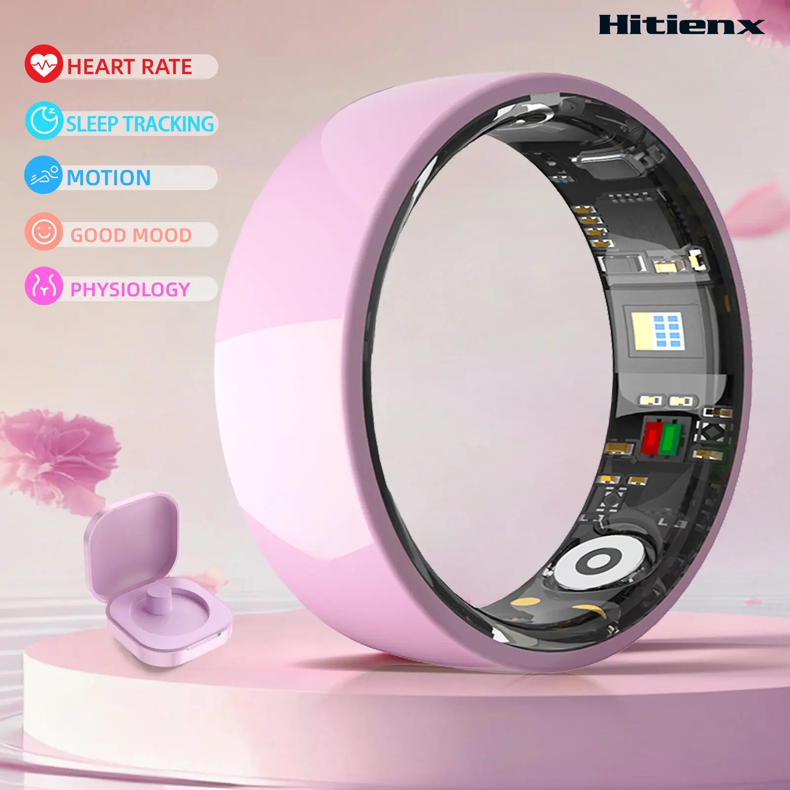 Pink Ceramic Smart Ring for Women, Fitness & Sleep Tracker, Heart Rate & Stress Monitor, Cycle Tracking, IP68 Waterproof, 3–5 Day Battery, Ios & Android, Charging Case#Summervibes