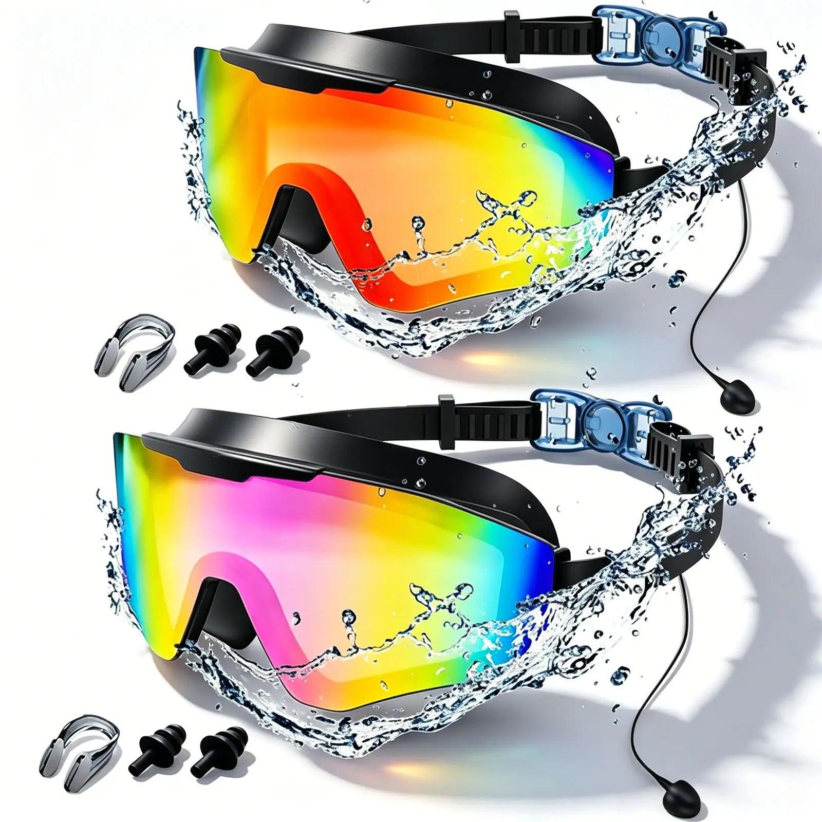 2 Pack Adult Swim Goggles with Earplugs, Anti-Fog 180° Wide View UV Protection Pool Swimming Goggles for Adult Youth Men Women, 3-Color UV Lens Water Goggles