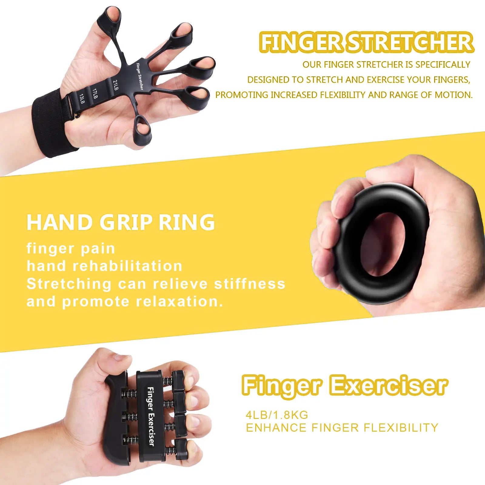 Hand Grip Strengthener 5Pcs, Grip Strength Trainer, Adjustable Forearm Gripper(11-132Lb), Finger Stretcher(13,17,21Lb), Hand Strength Ring(30, 50Lb) and Finger Exerciser(4Lb)