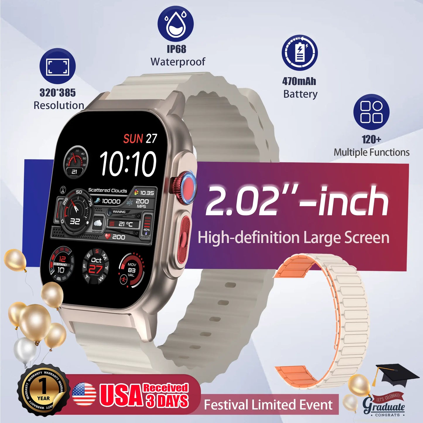 [Live Special Gift] Buy 1 Get 1,– 2.02" HD Smartwatch, Bluetooth Calling, Health Tracker + Free Straps