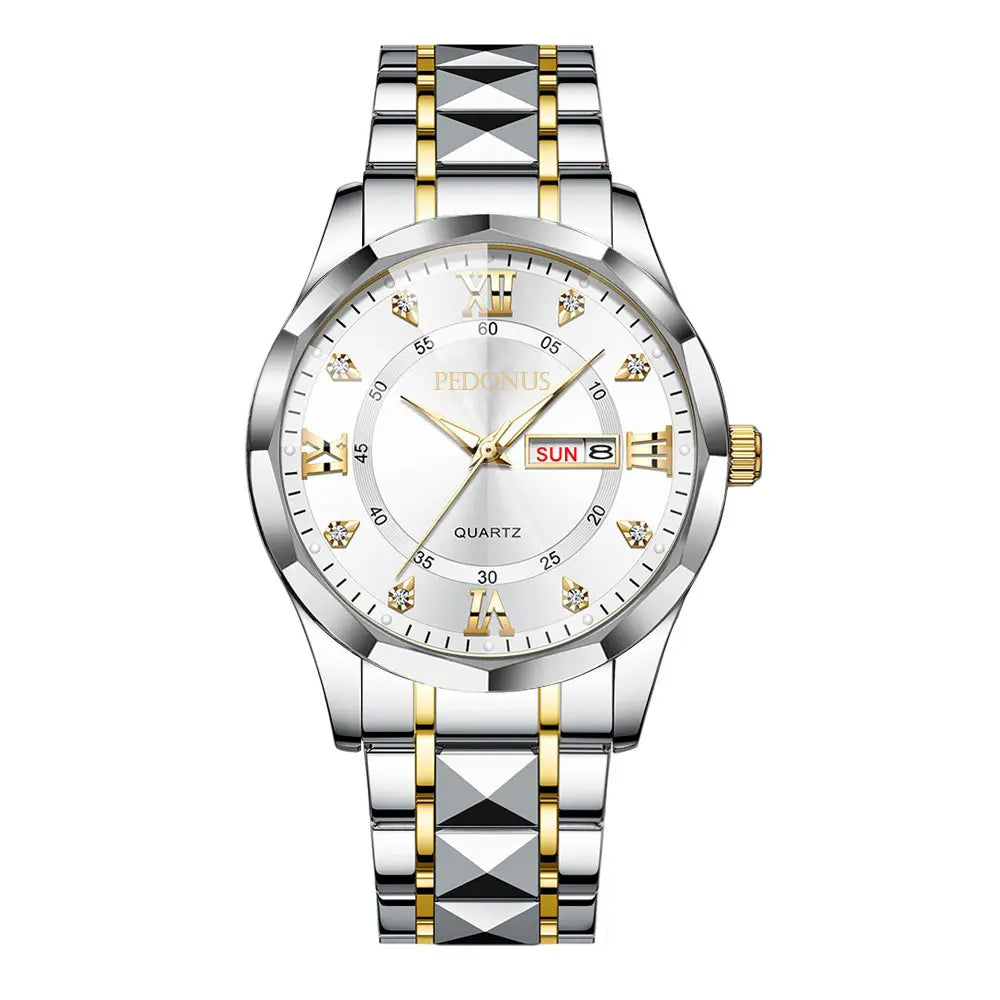 Men'S Luminous Business Simple Quartz Watch - Stainless Steel Band, Gold Accents, Blue Dial with Date & Day Indicator