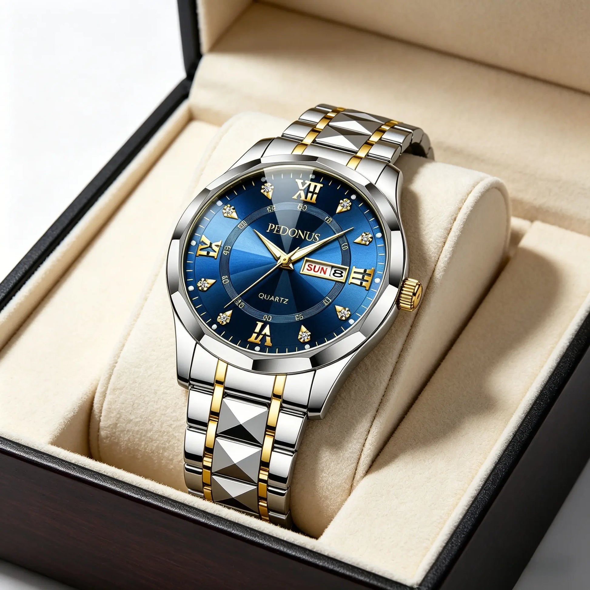 Men'S Luminous Business Simple Quartz Watch - Stainless Steel Band, Gold Accents, Blue Dial with Date & Day Indicator